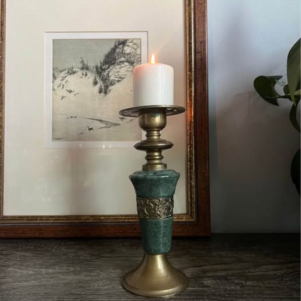 Vintage Green Marble and Brass Candle Holder - needs repair